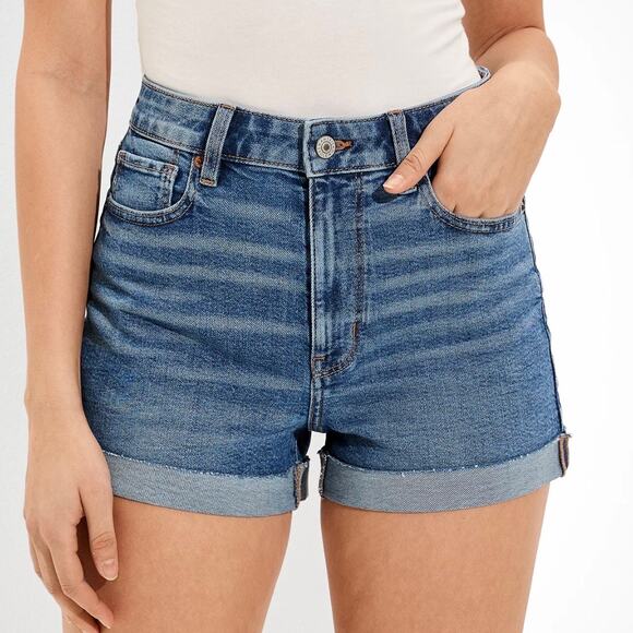 American Eagle AE Stretch Denim Mom Shorts Cut Off Cuff Medium Wash Women's 6 - Picture 1 of 15